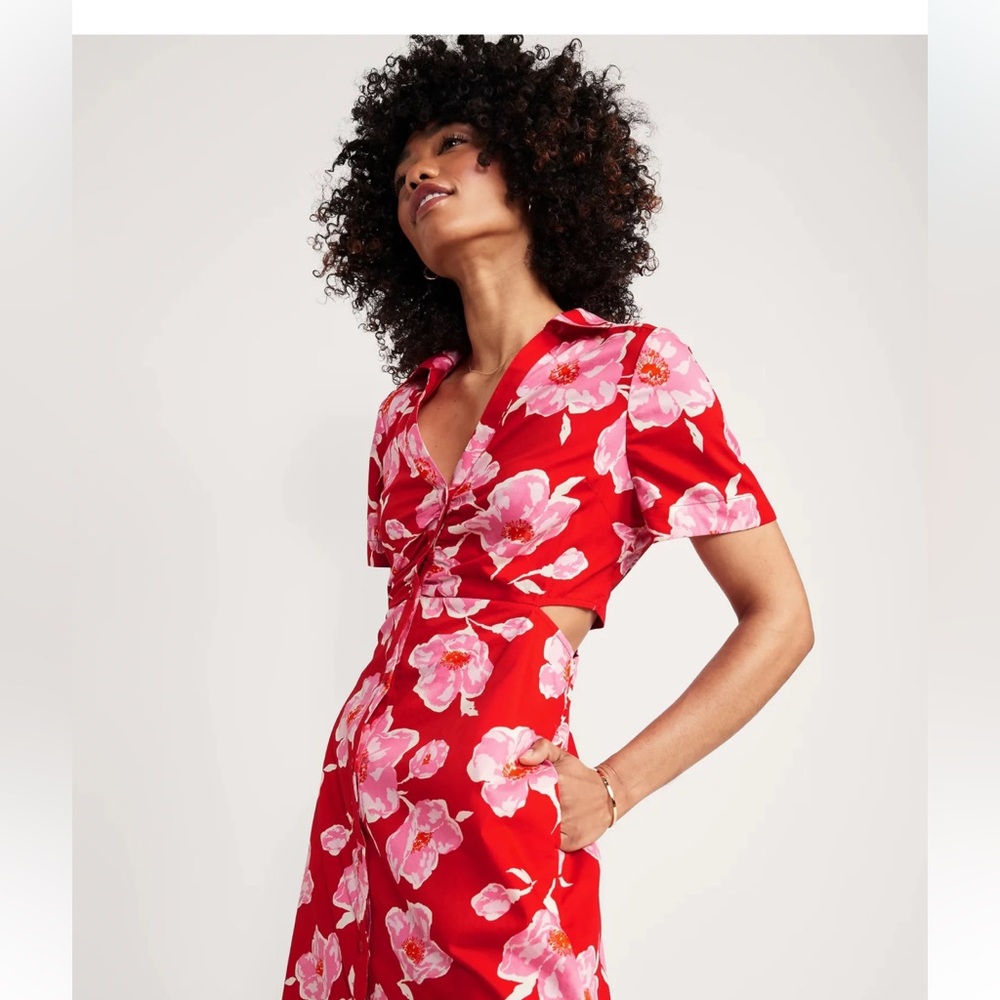 Old Navy Pink Floral with Cutouts Midi Shirt Dress Sz XL - Picture 3 of 12